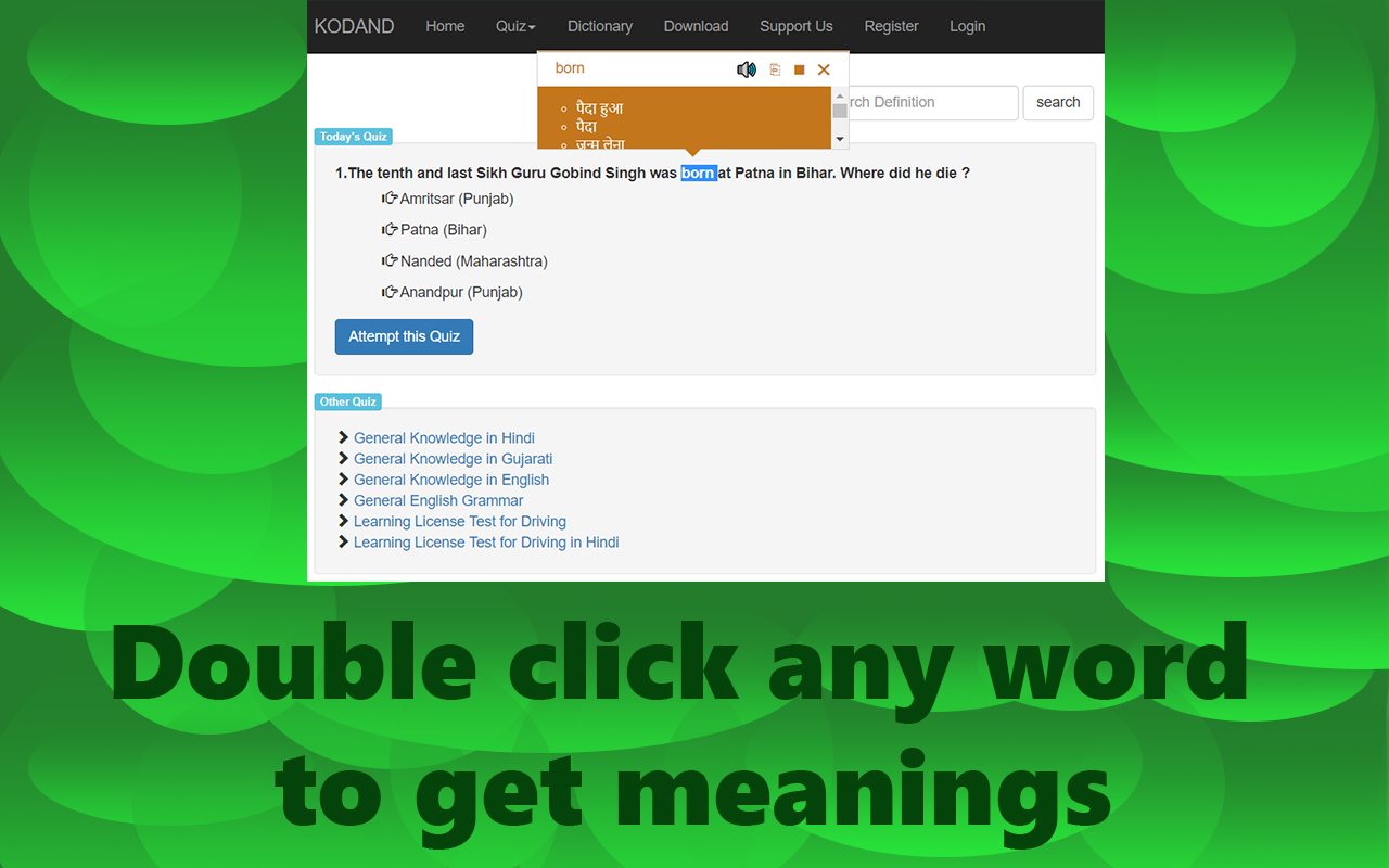 English Hindi Dictionary - Double click popup